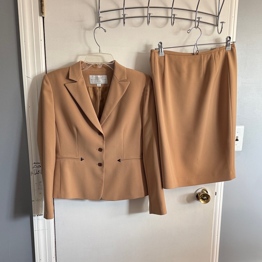Tahari Petite Two-Piece Jacket and Pencil Skirt in Warm Tan